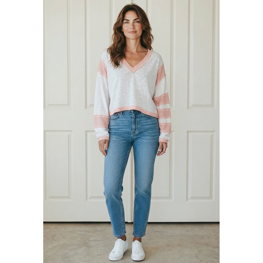 NWOT POL Womens V-Neck Cropped Long Sleeve Top White Pink Striped Mixed Media Sm